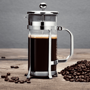 French press fully of brewed coffee standing on a wooden table with coffee beans scattered around