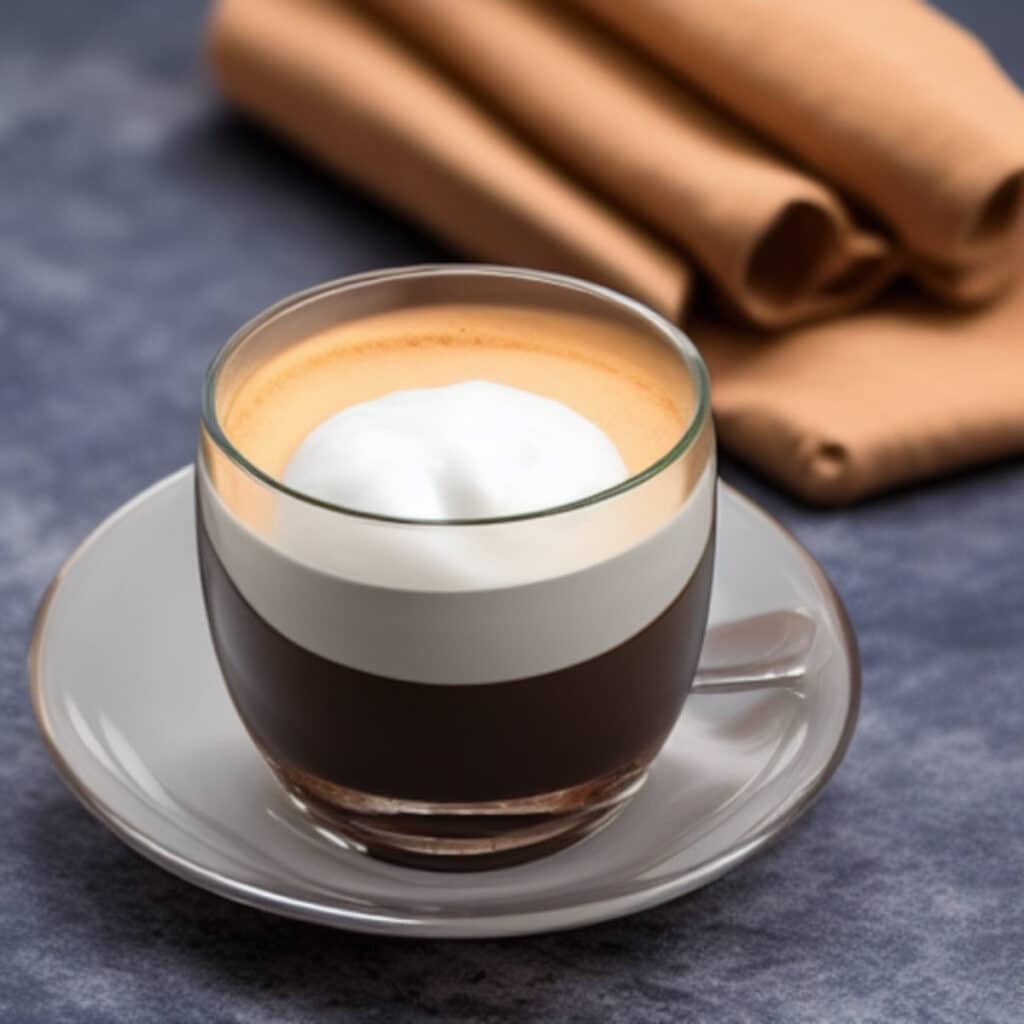 a small glass of espresso with creamy foamed milk on top standing on a saucer with a loosely folded napkin in the background