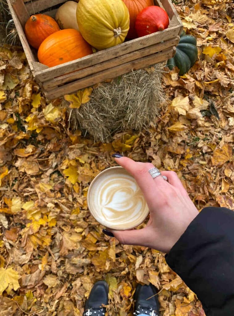 a hand holding a pumpkin chai latte. the view looks down from above showing the ground covered with fallen leaves and a box of pumpkins in the background