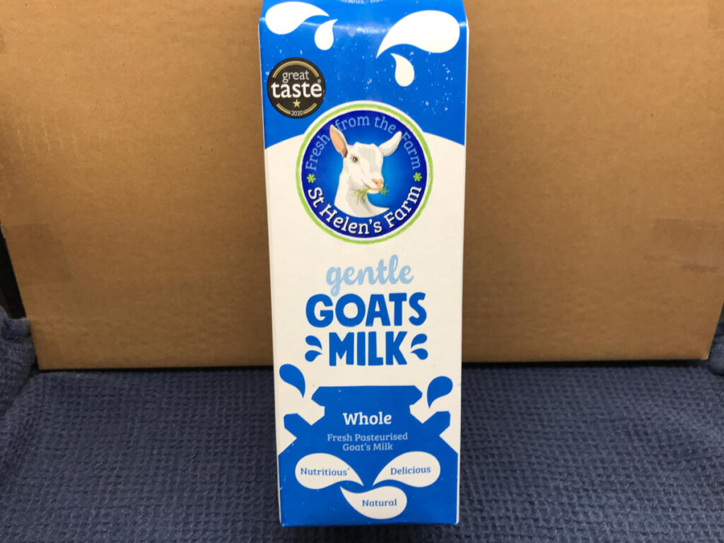 A carton of chilled goats milk. One of the best dairy milks for coffee.
