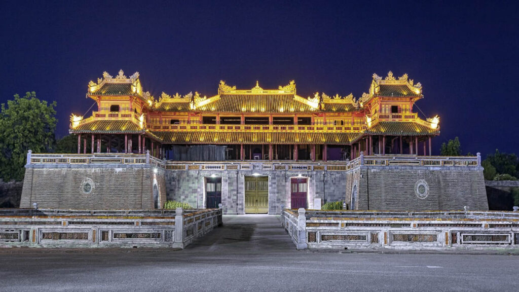 Night-time photo of the Vietnamese Imperial City of Hue