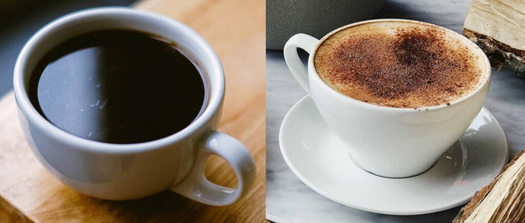 On the left a cup of americano coffee and on the right a cup of cappuccino