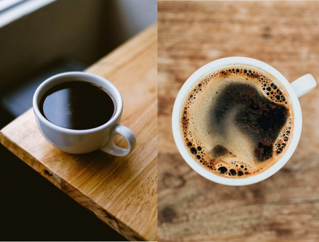 On the left is an americano coffee and on the right is a long black coffee.