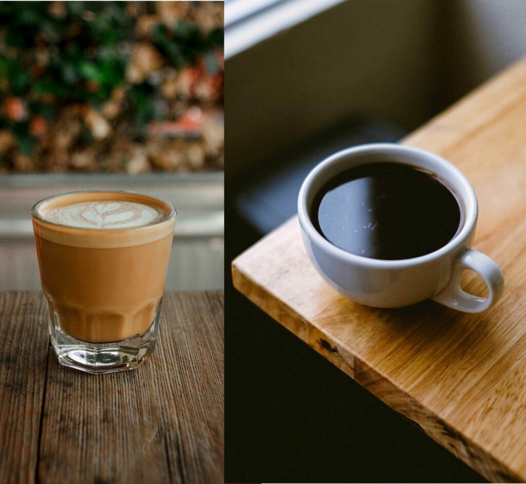 On the left is a glass of cortado coffee and on the right an americano coffee.