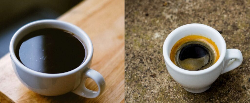 a cup of americano on the left and a cup of espresso on the right.