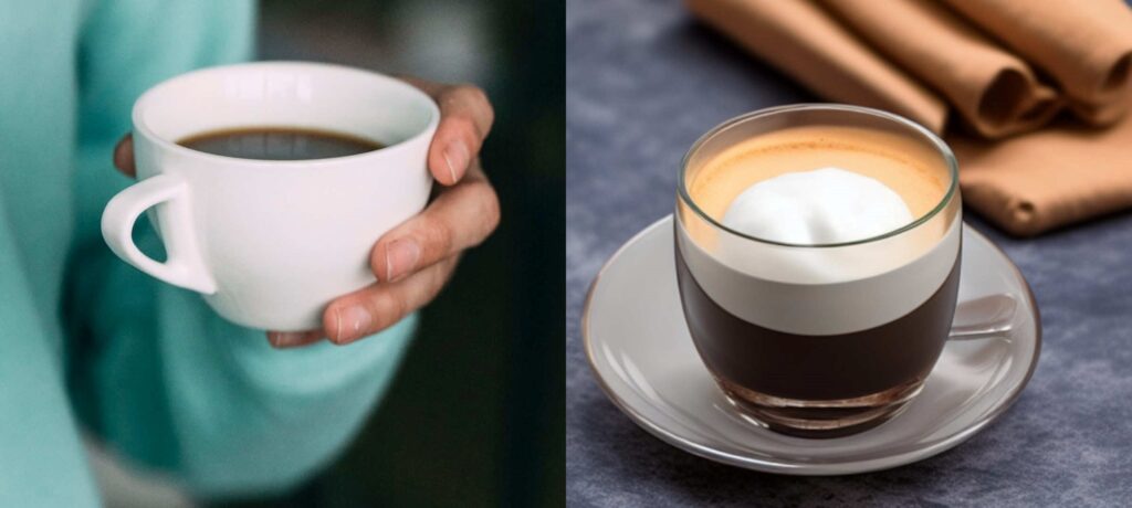 On the left someone holding a cup of americano coffee. On the right a glalls of macchiato standing on a saucer.