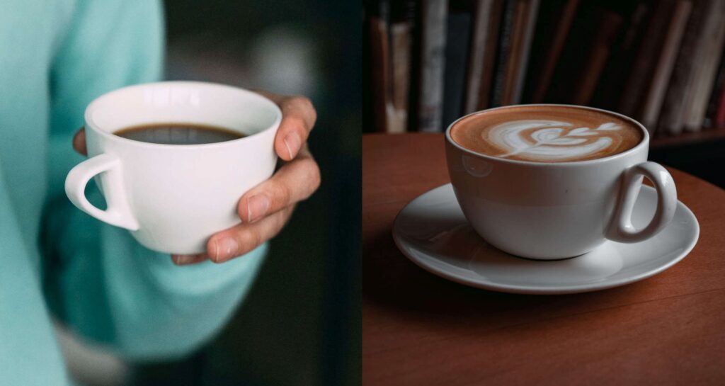 On the left someone holding a cup of americano coffee. On the right a cup of mocha with a saucer standing on a wooden table.