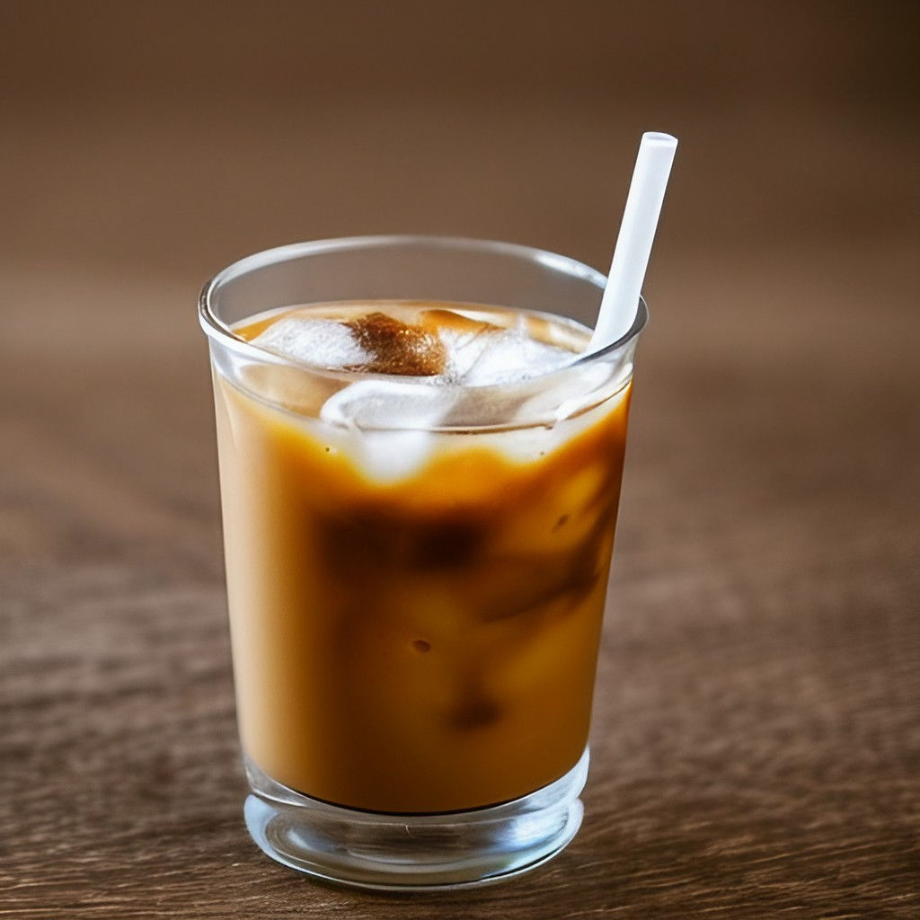 A small glass of iced coffee with a short straw, standing on a wooden table.
