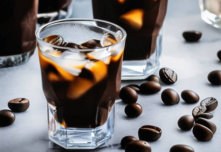 A glass of iced espresso coffee with coffee beans scattered around