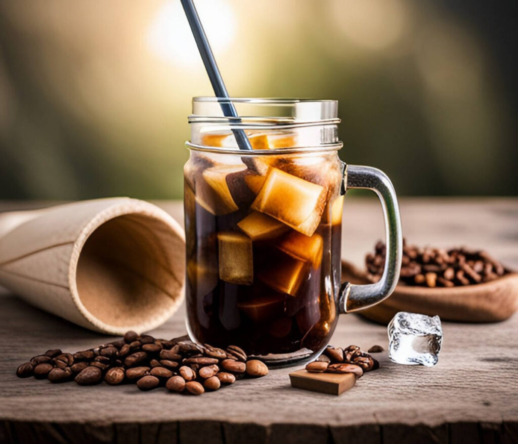 A glass of iced coffee standing on a wooden table with coffee beans scattered around.
